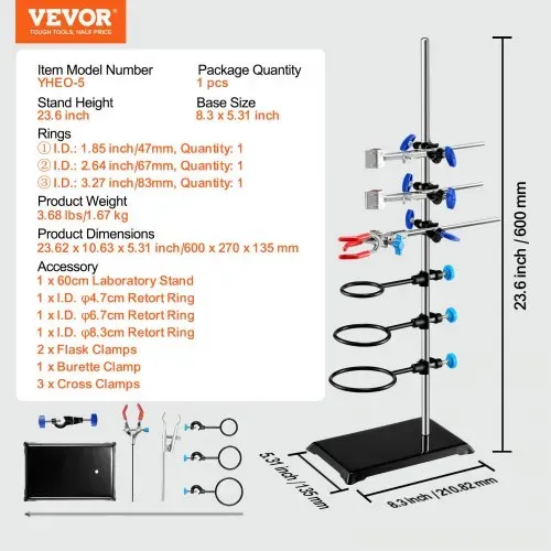 VEVOR Laborständer-Unterstützung, Labor-Retorten-Stützständer 1 Satz, Laborständer aus Stahl mit 60 cm Stab & 210,82 x 135 mm Gusseisenbasis, inkl. Kolbenklemmen, Bürettenklemmen und Kreuzklemmen – Bild 6