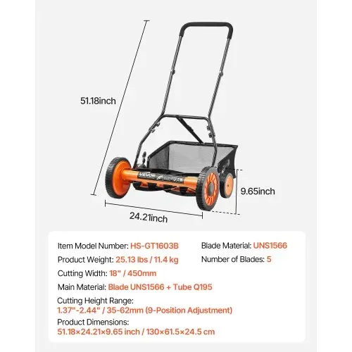VEVOR Spindelmäher mit 450 mm Schnittbreite, Rasenmäher Schnitthöhe von 35 bis 62 mm, Handmäher mit 5 Klingen und Grasfangsack, Ideal für grüne Rasenflächen, Einfahrten, Innenhöfe – Bild 6