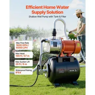 VEVOR Hauswasserwerk 1176 W, 6000 L/h Jetpumpe mit 19 L Druckbehälter, 57 m Förderhöhe, inkl. Automatischem Wasserfördersystem & Edlstahlpumpenkopf, zur Gartenbewässerung & Hauswasserversorgung VEVOR Hauswasserwerk 1176 W, 6000 L/h Jetpumpe mit 19 L Druckbehälter, 57 m Förderhöhe, inkl. Automatischem Wasserfördersystem & Edlstahlpumpenkopf, zur Gartenbewässerung & Hauswasserversorgung