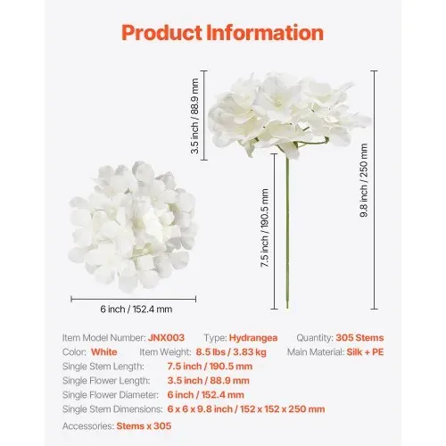 VEVOR Künstliche Blumen, 305 Stück weiße künstliche Hortensien aus Seide, weiße Kunstblumen mit Stielen für DIY Hochzeitssträuße, Tischdekorationen für Zuhause, Partytischdekorationen – Bild 6