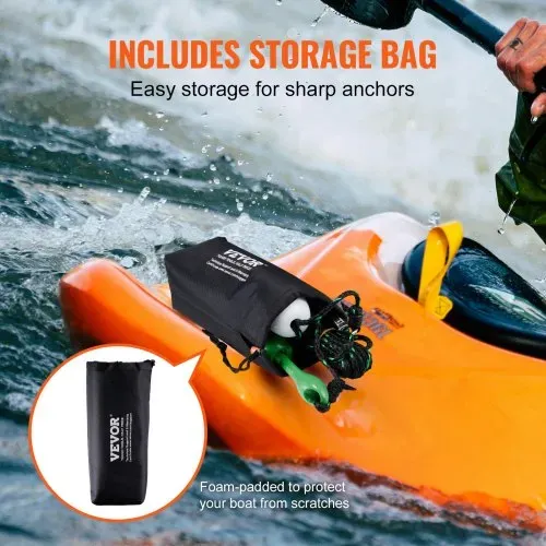 VEVOR Kajak-Ankerset, 3,5 lbs Paddle Board-Ankerset mit 8 m Seil und Boje, Faltbarer Kleiner Bootsanker mit Aufbewahrungstasche und Karabinerhaken, Kajak-Zubehör für Kajaks, Kleine Boote, Kanus – Bild 4