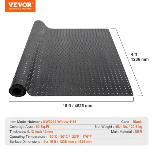 VEVOR Gummimatte 4625 x 1236 mm Bodenmatte SBR-Gummi Bodenbelag 3 mm Dicke Noppenmatte Diamant Tränenblech Bodenmatte Antirutschmatte Gummibelag Ideal für Garagen, Lagerhallen, Fitnessstudios, Gehwege – Bild 6