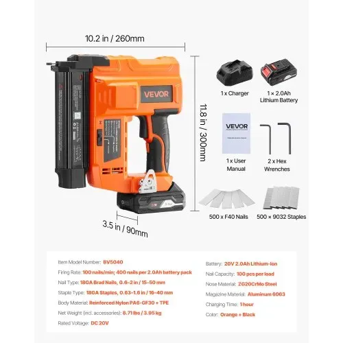 VEVOR 2 in 1 Akku-Nagler 18 Gauge 20 V Akku-Nagler und Tacker, 100 Nägel/min, mit 500 Nägeln & 500 Klammern & 2,0 Ah Lithiumbatterie & Ladegerät, für Heimwerkerarbeiten Holzbearbeitung Orange – Bild 6