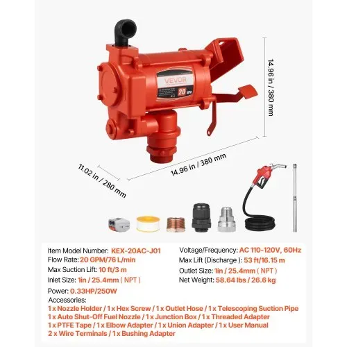VEVOR Kraftstofftransferpumpe, 230V AC, elektrische Diesel-Transferpumpe, 76l/min, mit automatischer Abschaltung der Kraftstoffdüse, Förderschlauch, für Benzin, Kerosin, Biodiesel, Ethanol-Gemisch – Bild 6