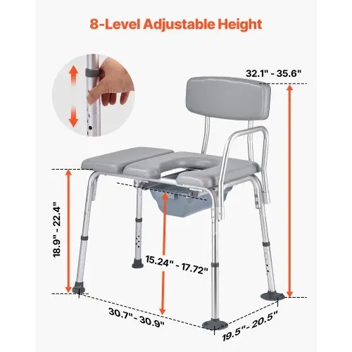 VEVOR Nachttoilettenstuhl 227 kg belastbar, Toilettensitzerhöhung mit gepolsterter Sitzfläche & Rückenlehne, abnehmbarer 5 L Eimer, höhenverstellbarer Toilettenstuhl für Senior Erwachsene – Bild 2