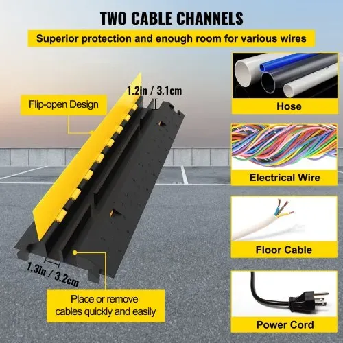 VEVOR Kabelschutzmatte Kabelkanal schwarz Kabelkanal außenbereich 2 Kanal strapazierfähig 66.000 lb Tragkraft Kabel Draht Schnur Abdeckung Rampe Speed Bump Auffahrt 103x25,5x5 cm – Bild 2