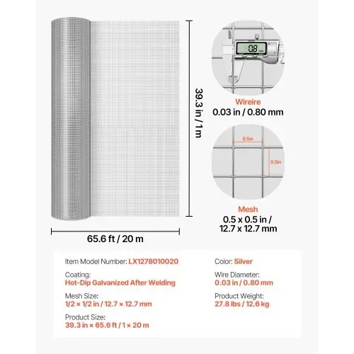VEVOR Drahtgitter Feinmaschig 1x20 m Maschendraht φ0,8 mm, 12,7x12,7 mm Masche Feuerverzinkt, Drahtgitterrolle, Volierendraht, Kaninchendraht, Hühnerdraht, Hasendraht, für Geflügelkäfige – Bild 6
