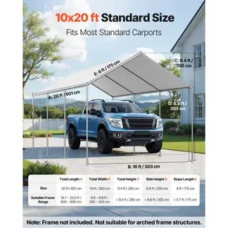VEVOR Carport-Ersatzdach, 3,04 x 6 m, Garagenzeltplane, UV-beständige Autounterstandsplane, strapazierfähige Carport-Abdeckung mit Ballfangnetzen, grau, Rahmen nicht im Lieferumfang enthalten VEVOR Carport-Ersatzdach, 3,04 x 6 m, Garagenzeltplane, UV-beständige Autounterstandsplane, strapazierfähige Carport-Abdeckung mit Ballfangnetzen, grau, Rahmen nicht im Lieferumfang enthalten