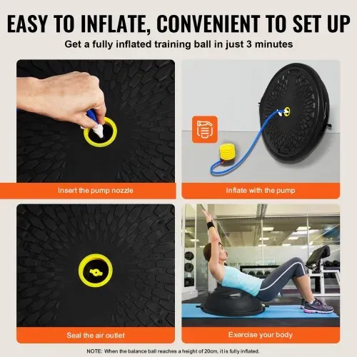 VEVOR Halb-Gymnastikball-Trainer, 66 cm Balance-Ball-Trainer, 680 kg Tragkraft Stabilitätsball, Yoga-Ball mit Widerstandsbändern und Fußpumpe, Kraft-Fitnessball im Heim-Fitnessstudio, Schwarz – Bild 4