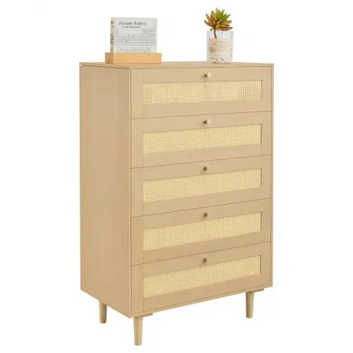 VEVOR Rattankommode Aufbewahrungsschrank mit 5 Schubladen & Metallgriffen & Holzbeinen, moderner Rattanschrank für Schlafzimmer Wohnzimmer Flur (70,2x40x106,5 cm) Kleidungsschrank Schubladenschrank – Bild 7