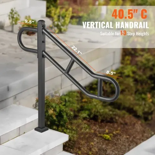 VEVOR Handlauf mit einem Pfosten für 1–3 Stufen im Außenbereich, 40,5" L x 35,4" H gebogener Treppenhandlauf aus Metall, bodenmontiertes Treppengeländer aus Karbonstahl, U-förmiger Haltegriff mit 2 rutschfesten Querstangen für die Garage – Bild 3