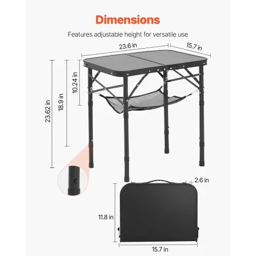 VEVOR Klapptisch Buffettisch tragbarer Allzwecktisch 60 x 40 cm, höhenverstellbarer Tisch (für 2-4 Personen) mit Tragegriff, Gartentisch Campingtisch für Partys Picknick Camping Grillen, Schwarz – Bild 3