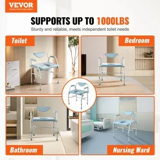 VEVOR Toilettenstuhl Nachtkommode mit Herunterklappbaren Armen und Abnehmbarer Rückenlehne, 5-stufig Höhenverstellbar 50-62 cm, Abnehmbarer 7-Liter-Eimer, Einfach zu Montieren, 453,6 kg Kapazität VEVOR Toilettenstuhl Nachtkommode mit Herunterklappbaren Armen und Abnehmbarer Rückenlehne, 5-stufig Höhenverstellbar 50-62 cm, Abnehmbarer 7-Liter-Eimer, Einfach zu Montieren, 453,6 kg Kapazität