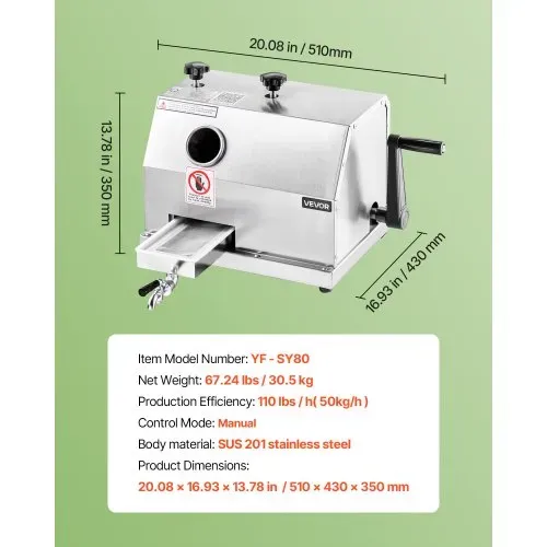 VEVOR Kommerzieller Zuckerrohr-Entsafter, 49,9kg/h Hochleistungs-Zuckerrohr-Entsafter-Maschine mit 3 Edelstahlwalzen, 6,1 cm großer Einlass, manuelle Zuckerrohr-Entsafter-Presse für den privaten/gewerb – Bild 6