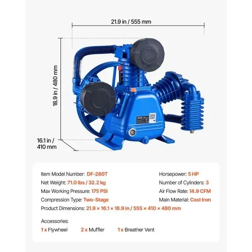 VEVOR Luftkompressor Pumpenkopf 5PS 12bar Druckluft Aggregat 3 Zylinder, Kompressoraggregat für Werkstatt & Garage, Ersatzkopf aus Gusseisen, Zweistufig, 422 L/min Luftdurchsatz, mit Riemenscheibe – Bild 6