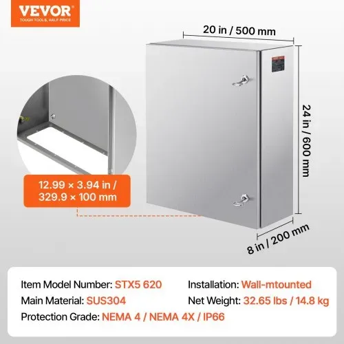VEVOR Schaltschrank Elektroverteilerkasten, 600x500x200 mm, Edelstahl 304, Wandmontage, für elektrische und elektronische Außengeräte, Montageplatte, Scharniere, Schloss, Schutzart IP66 – Bild 6