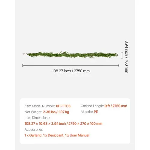VEVOR Weihnachtsgirlande, 2750 mm, realistische Norfolk-Kieferngirlande, Tannengirlande, künstliche Grüngirlanden, für Weihnachtsdeko im Innen- & Außenbereich auf Tisch, Kaminsims und Kamin – Bild 6
