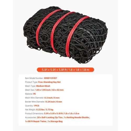 VEVOR Rundballen-Heunetz, 1,8x1,8x1,8 m, 42x42 mm Maschenweite, PE-Material, knotenloses Design, mit Kabelbindern, Nadelschiffchen, Reparaturschnur & Aufbewahrungsbeutel, Futtersparnetz für Pferde – Bild 6
