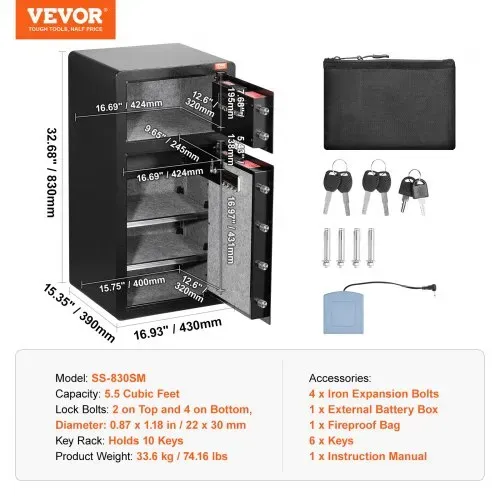 VEVOR Safe Tresor mit feuerfester Geldtasche, Doppeltüren-Safe 5,5 Kubikfuß, 2 höhenverstellbare Trennwände, digitaler Möbeltresor mit Schlüssel, Code, Safe für Geld Schmuck Wertsachen, Schwarz – Bild 6