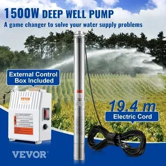VEVOR Tiefbrunnen-Tauchpumpe, 1500 W, 230 V, 60 Hz, 9,8 m³/h, 108 m Förderhöhe, mit 19,4 m Kabel und externer Steuerbox, Edelstahl-Wasserpumpen für Industrie, Bewässerung und Heimgebrauch, IP68 wasserdicht VEVOR Tiefbrunnen-Tauchpumpe, 1500 W, 230 V, 60 Hz, 9,8 m³/h, 108 m Förderhöhe, mit 19,4 m Kabel und externer Steuerbox, Edelstahl-Wasserpumpen für Industrie, Bewässerung und Heimgebrauch, IP68 wasserdicht
