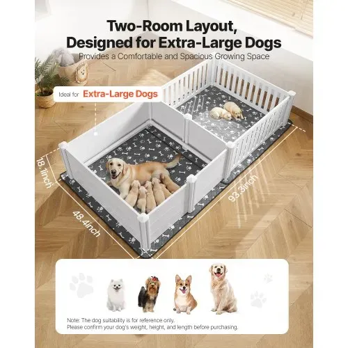VEVOR Wurfkiste für Hunde, 237x123x46 cm, Welpenlaufstall aus Kunststoff-PVC mit höhenverstellbarer Tür & waschbarer Pipi-Unterlage, 2-Raum-Layout, Welpenkiste für extra große Hunde, Milchweiß VEVOR Wurfkiste für Hunde, 237x123x46 cm, Welpenlaufstall aus Kunststoff-PVC mit höhenverstellbarer Tür & waschbarer Pipi-Unterlage, 2-Raum-Layout, Welpenkiste für extra große Hunde, Milchweiß