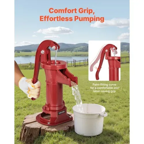 VEVOR Schwengelpumpe Antik Vintage, 7,6 m Förderhöhe, Nostalgiepumpe aus Gusseisen, Brunnenpumpe, Handpumpe, NPT 1-1/4 Zoll Anschluss, Gartenpumpe, für Garten, Teich, Hof, Bauernhof, Rot – Bild 3