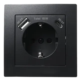 Schutzkontakt-Steckdose McPower “Flair“ 1x USB-C 18W PD, 1x USB-A, matt schwarz Schutzkontakt-Steckdose McPower “Flair“ 1x USB-C 18W PD, 1x USB-A, matt schwarz