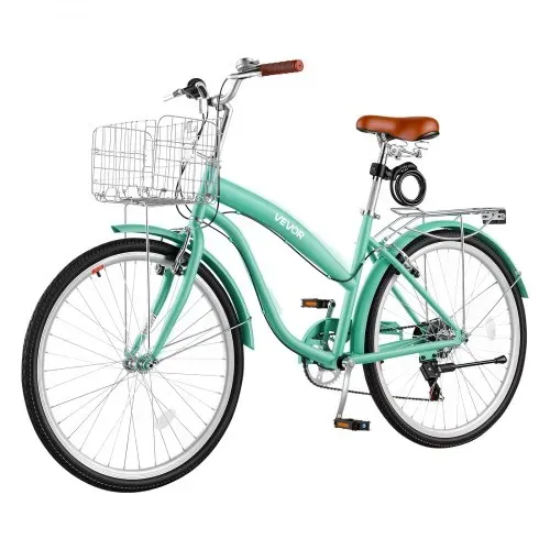 VEVOR Damenfahrrad 26 Zoll Cruiser-Fahrrad 150 kg 7-Gang Citybike Hellgrün, für Pendelfahrten Besorgungen und Strandfahrten, mit verstellbarem PU-Sattel, V-Bremsen, 50-kg-Gepäckträger und Werkzeugsatz – Bild 8