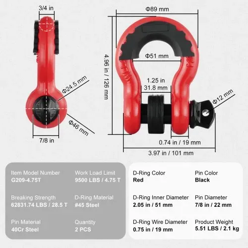 VEVOR 2er-Pack 3/4 Zoll D-Ring-Schäkel mit 7/8 Zoll Schraubstift Bruchfestigkeit 28500kg – Bild 6