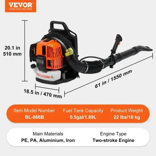 VEVOR Laubbläser als Rucksack, 63 CC 2-Takt Benzin-Laubbläser mit 1,89 l Kraftstofftank, 1110 CFM Luftvolumen, 220 MPH Geschwindigkeit, ideal für Rasenpflege, Laubreinigung und Schneeräumung – Bild 6