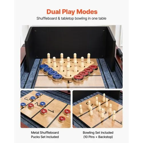 VEVOR Shuffleboard-Tisch 3,7 m 2-in-1 mit Bowling-Set und 8 Pucks Indoor, Shuffleboard mit Rustikaler Holzoptik, Kratzfester Spielfläche, Wachs und Bürste, für das Familienspielzimmer zu Hause – Bild 2