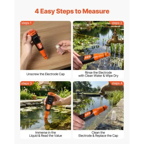 VEVOR pH-Meter, pH/EC/TDS Multiparameter-Messung, IP68 Wasserdichte Sonde, Taschen-Tester-Set mit Kalibrierpulver-Päckchen, VA-Display, PH Messgerät, Wassertester für Wasserqualitätsprüfung – Bild 4