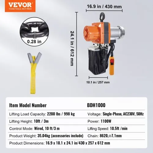 VEVOR Elektrischer Kettenzug, 2200 lbs Tragkraft, 10 ft Hubhöhe, 10,5 ft/min Geschwindigkeit, 230 V, einphasiger Brückenkran mit G100-Kette, 10 ft Kabelfernbedienung für Garage, Geschäft, Hotel, Zuhause – Bild 6
