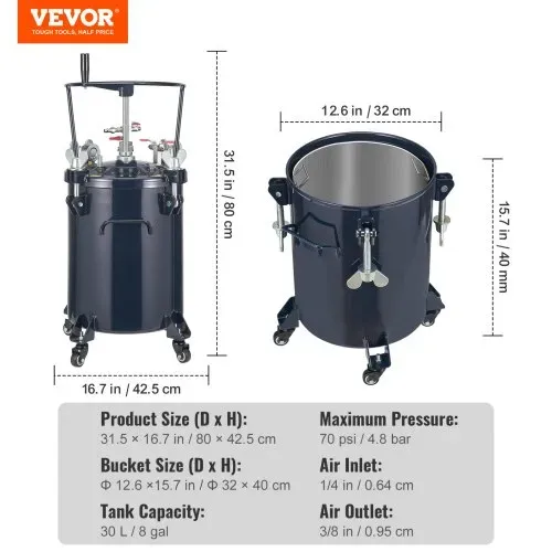 VEVOR Druckbehälter Farbbehälter Sprühfarbe Drucktopf 30 L Drucktank, 70 psi Lackierpistole Farbbehälter Φ 80 x 42,5 cm Spray Paint Pressure Pot Tank Paint Container Farbspritzpistolen Lacken, Flecken – Bild 6