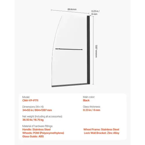 VEVOR rahmenlose Badewannen Duschtür (864 x 1397 mm / B x H) halbe platzsparende Duschtür für Badewanne, 180° drehbare Tür aus gehärtetem Glas, Duschglastür (6 mm Glasdicke), Schwarz – Bild 6
