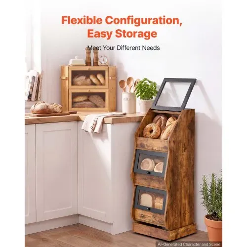 VEVOR Brotkasten Freistehend Brotschrank mit vier Rollen aus MDF Braun Ideal für Bagels, Muffins & Selbstgebackenes Brot, Einschiebbare Klapptüren mit Griffen, Transparentem Acrylfenster, 3 Ebenen – Bild 5