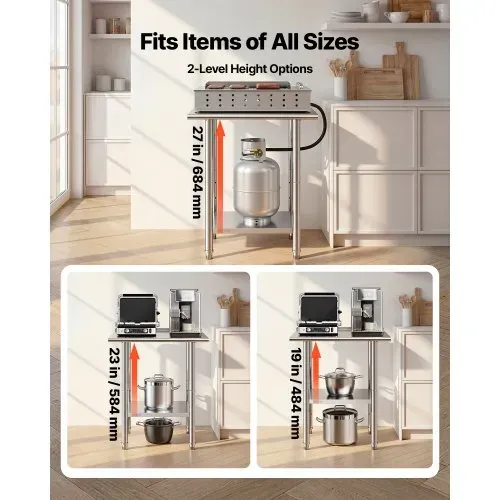 VEVOR Edelstahltisch Gastro 762 x 610 x 894 mm, Verstellbarer Edelstahltisch mit Aufkantung, Arbeitstisch mit Grundboden für Restaurant Schwerlast Obere Ablage (204 kg) Untere Ablage (168 kg) – Bild 5
