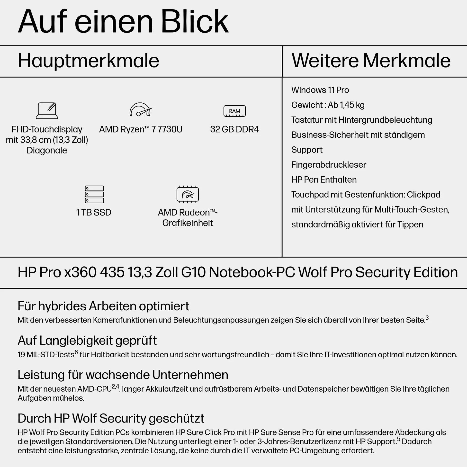 HP Pro x360 435 G10 Wolf Pro Security Edition AMD Ryzen™ 7 7730U Hybrid (2-in-1) 33,8 cm (13.3") Touchscreen Full HD 32 GB DDR4-SDRAM 1 TB SSD Wi-Fi 6 (802.11ax) Windows 11 Pro Silber – Bild 5