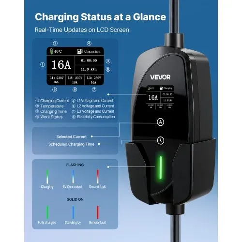 VEVOR Mobile Wallbox, 11 kW 16 A, Typ 2 Ladestation, Tragbares 3-Phasen-Ladegerät mit 8 m Ladekabel, CEE16-Stecker, LCD-Bildschirm, IP66-Steuereinheit, Stromversorgung für Elektrofahrzeuge – Bild 3