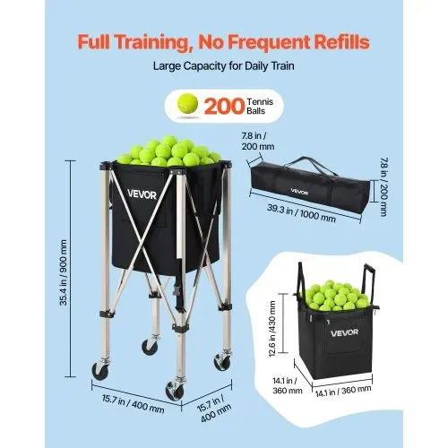 VEVOR Tennisballwagen Faltbar, Tennisballkorb für 200 Tennisballs, Klappbarer Ballwagen mit Rahmen aus Edelstahl & Tragetasche, Mobiler Ballkorb mit Rollen für Training Verein Aufbewahrung, Schwarz VEVOR Tennisballwagen Faltbar, Tennisballkorb für 200 Tennisballs, Klappbarer Ballwagen mit Rahmen aus Edelstahl & Tragetasche, Mobiler Ballkorb mit Rollen für Training Verein Aufbewahrung, Schwarz