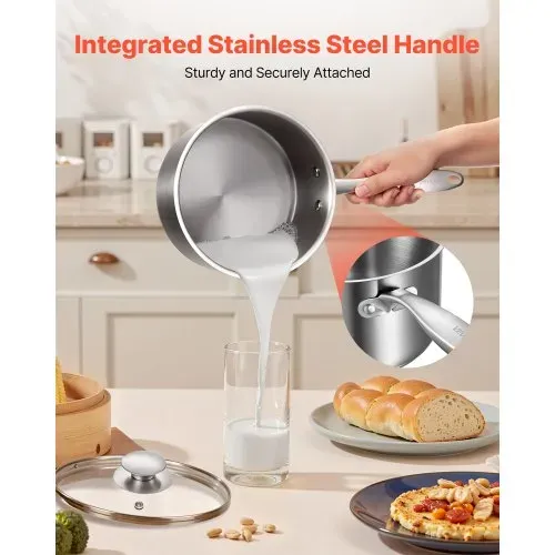 VEVOR Kochtopf Großraumtopf 2,37 L mit Glasdeckel & Dampfschicht, Suppentopf Gemüsetopf mit ergonomischem Griff, Milchtopf aus Edelstahl Gemüsetopf Silber spülmaschinengeeignete Soßentopf – Bild 5