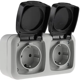 Feuchtraum Doppel-Steckdose, IP44 250V~/ 16A, inkl. AP-Rahmen, grau Feuchtraum Doppel-Steckdose, IP44 250V~/ 16A, inkl. AP-Rahmen, grau