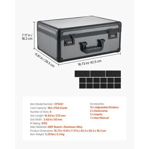 VEVOR Kartenaufbewahrungsbox für 162 PSA-Slab-Karten Kartenbox Tragbar, Geeignet für 130 SGC, 115 BGS, 585 Toploader oder über 999 Lose Karten, Abschließbar, mit 4 Reihen, Griff &12 Trennfächern – Bild 6