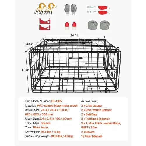 VEVOR Krabbenfalle 2er-Pack, 62 x 62 x 30 cm Krabbenreuse für Dungeness Crabs, PVC-beschichtetes Drahtgeflecht, inkl. 30 m Bleileine, Boje (Rot+ Weiß) und Handschuhen, Angelzubehör für Salzwasser – Bild 6