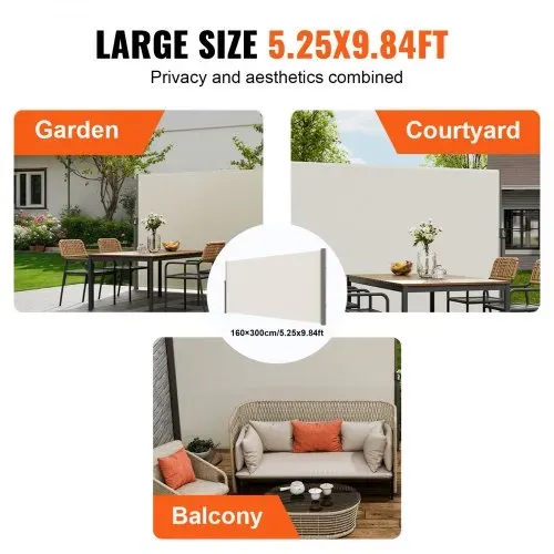 VEVOR Seitenmarkise 160 x 300 cm Seitenwandmarkise aus Polyestergewebe mit PU-Beschichtung Markise einziehbarer Griff mit Federmechanismus Sichtschutz Blickschutz für Balkone Innenhöfe UV30 Beige – Bild 5