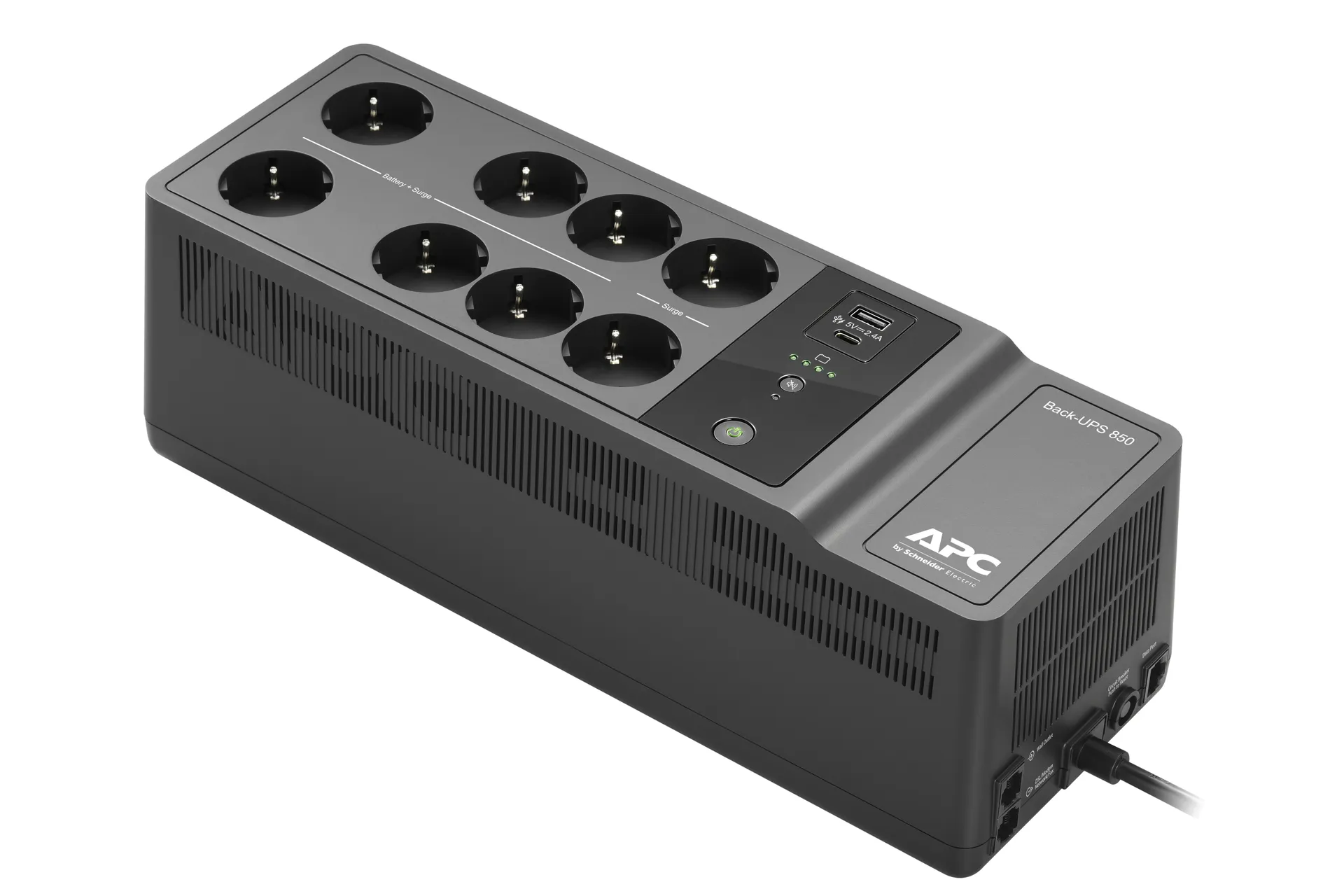APC Back-UPS BE850G2-GR – USV 8x Schuko, 850VA, 2 USB-Ladegeräte, 1 USB-Datenanschluss APC Back-UPS BE850G2-GR – USV 8x Schuko, 850VA, 2 USB-Ladegeräte, 1 USB-Datenanschluss