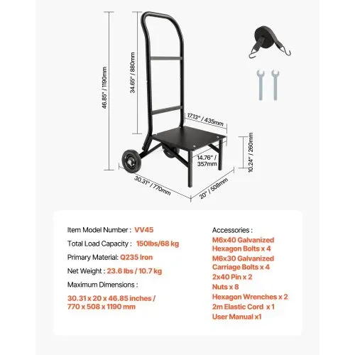 VEVOR Klappbarer Stuhlständer, 68 kg Tragkraft, Klappstuhlwagen zum Stapeln von 10 Stühlen, multifunktionaler Stuhlwagen aus Metall mit Gummirädern, Stuhlhalter zum Schieben, Mattschwarz – Bild 6