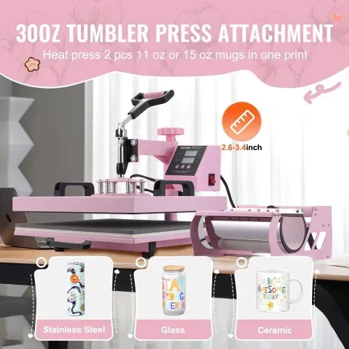 VEVOR Hitzepresse Transferpresse 38x38cm 8 in 1 Tumbler Presse T-Shirts Rosa – Bild 2