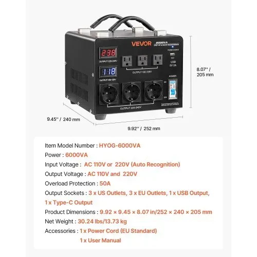 VEVOR Spannungswandler Transformator, 6000 VA, Aufwärts-/Abwärtstransformator, 110 V auf 220 V & 220 V auf 110 V, mit 3 US-Steckdosen, 3 EU-Steckdosen, LCD-Display, Schutzschalter – Bild 6
