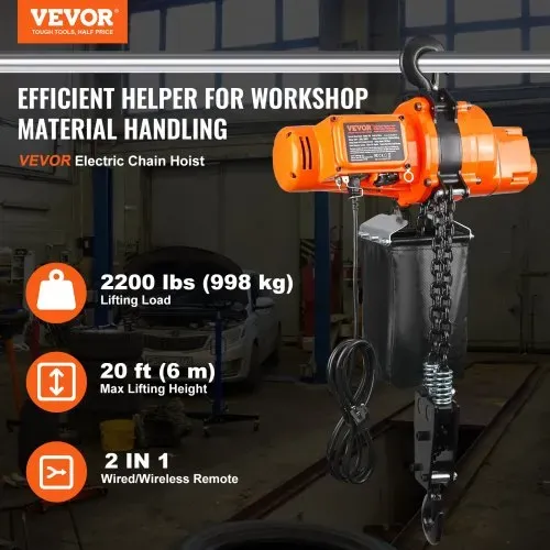 VEVOR Elektrischer Kettenzug, 998 kg Tragkraft, 6 m Hubhöhe, 11.500 U/min, Hebezug mit Kette, 100 m kabellose und 4,5 m kabelgebundene Fernbedienung, Seilwinde für Garage, Werkstatt und Zuhause VEVOR Elektrischer Kettenzug, 998 kg Tragkraft, 6 m Hubhöhe, 11.500 U/min, Hebezug mit Kette, 100 m kabellose und 4,5 m kabelgebundene Fernbedienung, Seilwinde für Garage, Werkstatt und Zuhause